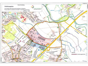 Eine Straßenkarte zeigt den Bereich der Baustelle mit Umleitung